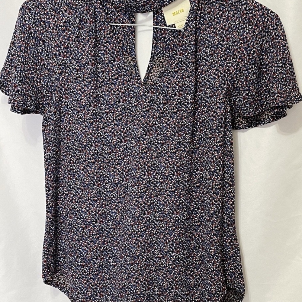 Anthropologie Blue, Red, and White Flutter Sleeve Blouse